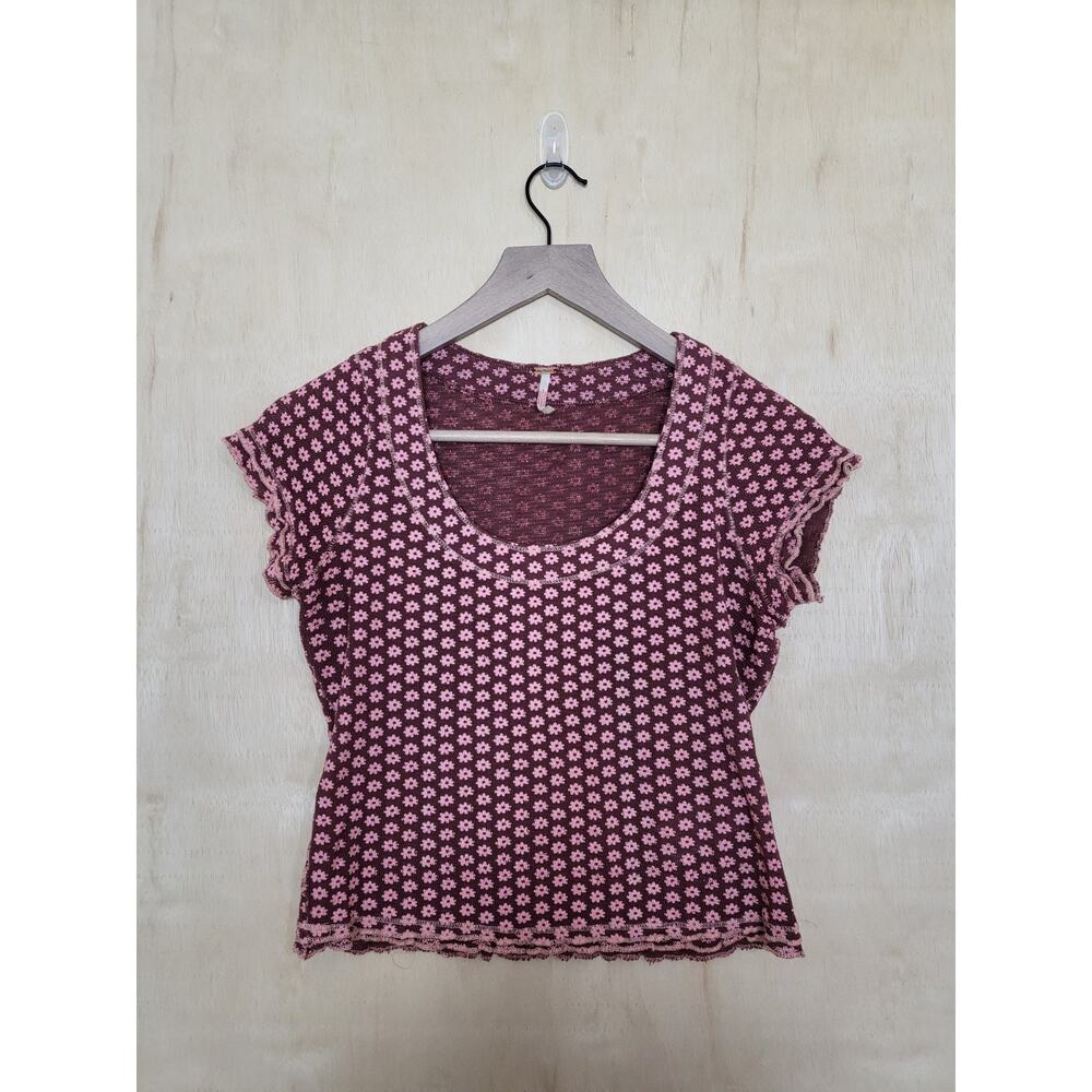 Size:XS Free People Garner Tee Blouse Top Shirt Floral Ruffle Short Sleeve